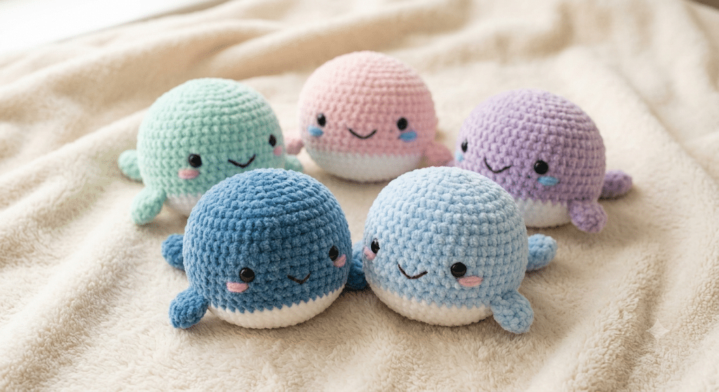 Colorful kawaii crochet whale amigurumi collection in pastel shades