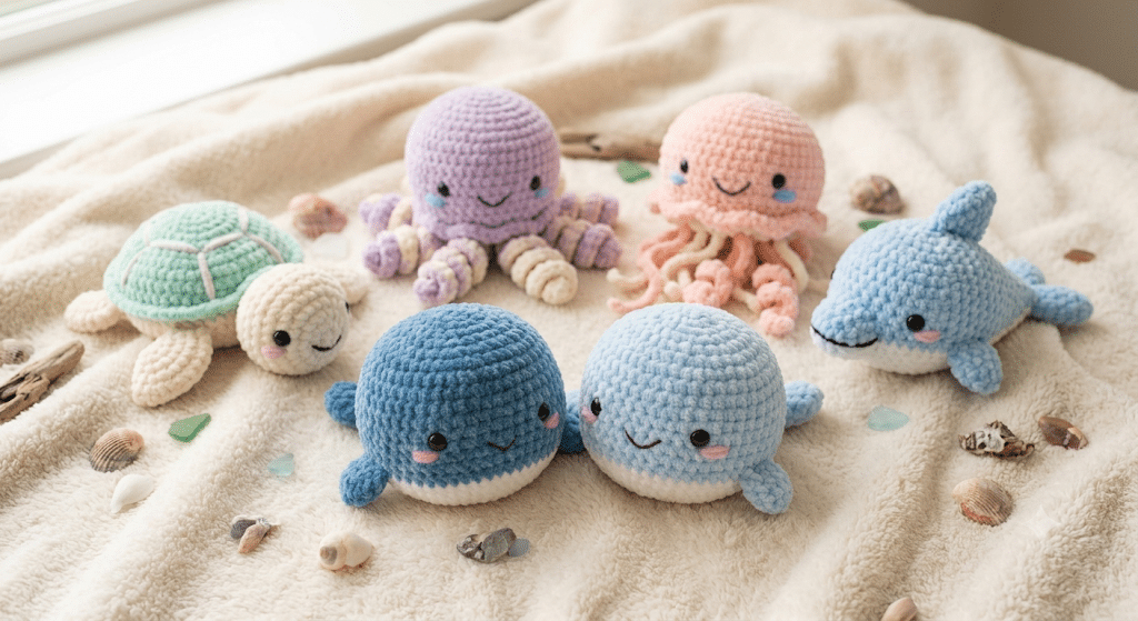 Crochet whale pattern displayed with matching ocean animal amigurumi collection