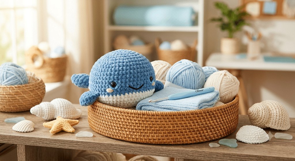 Finished blue crochet whale amigurumi in a cozy handmade craft display