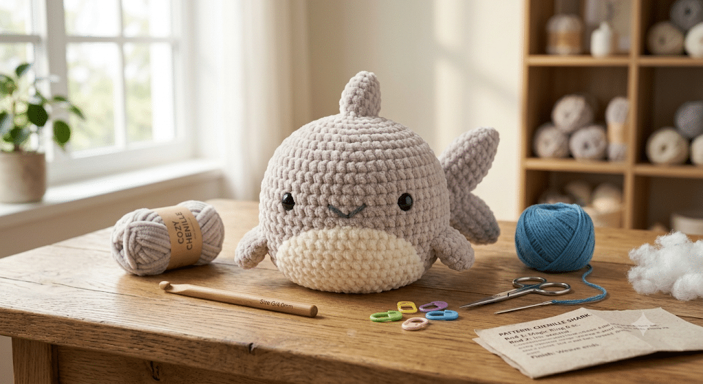 Cute crochet shark plush on crochet workspace