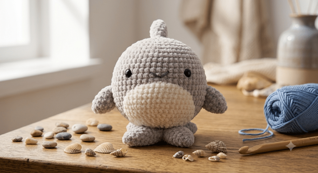 Finished crochet shark with fins and embroidered smile