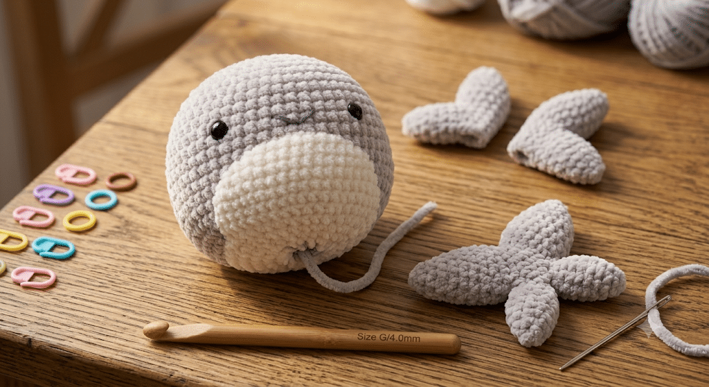 Crochet shark body before assembly
