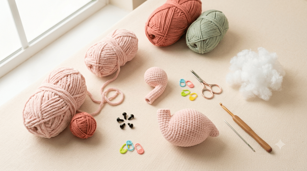 Crochet flamingo supplies with pink yarn and amigurumi pieces