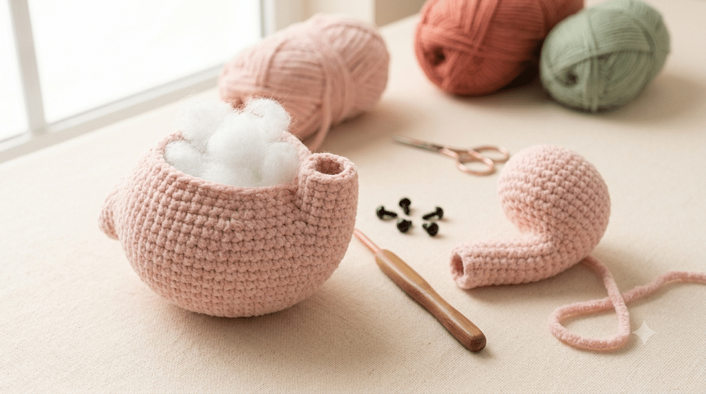 Pink crochet flamingo body and head during amigurumi construction