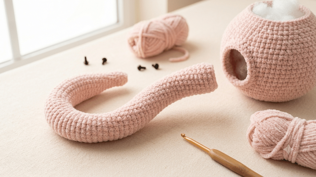 Curved pink crochet flamingo neck beside the amigurumi body