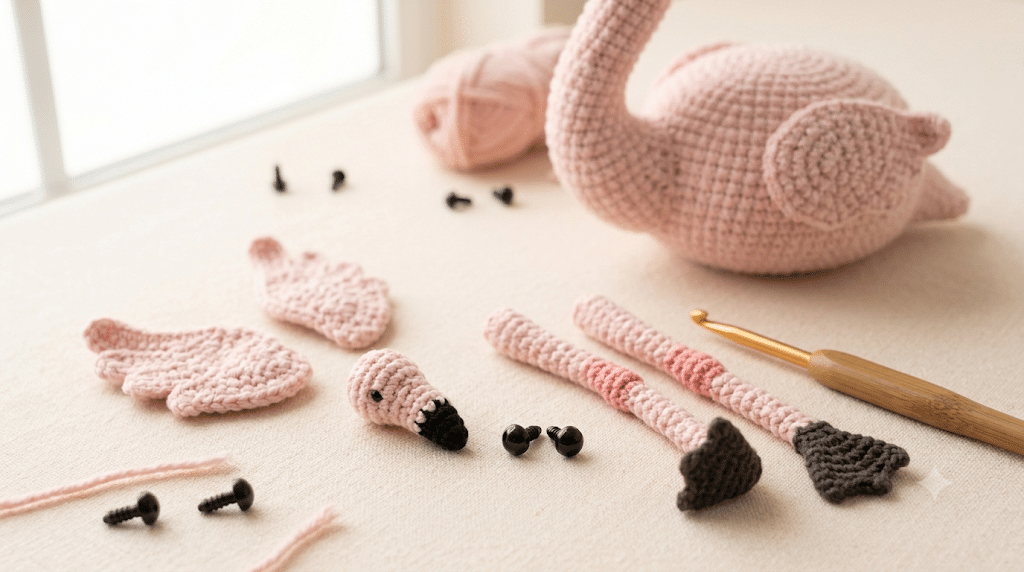 Crochet flamingo wings, beak, eyes and legs ready for assembly