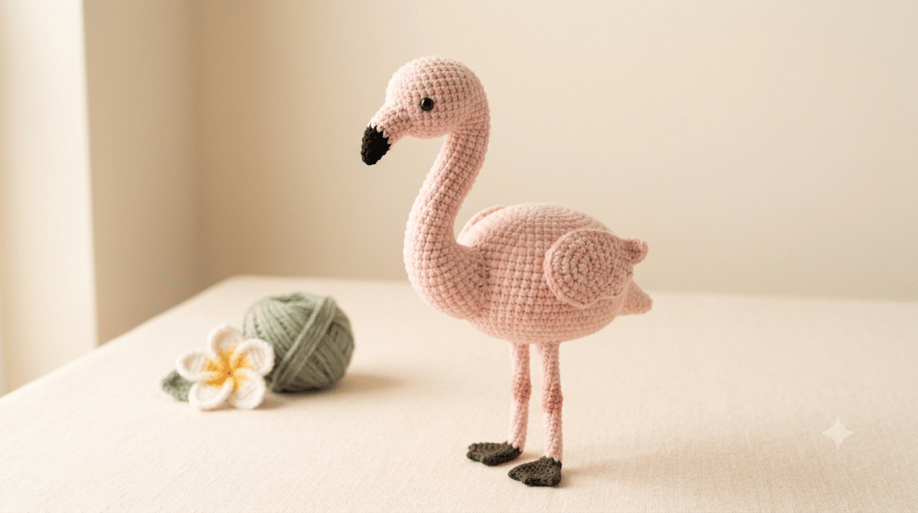 Finished pink crochet flamingo amigurumi with curved neck