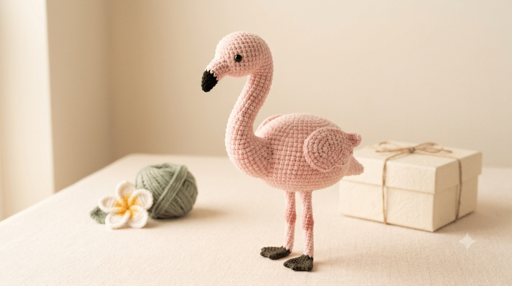 Handmade pink crochet flamingo displayed as a cute gift