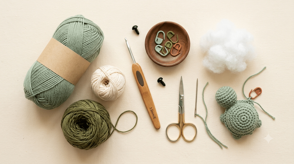 Crochet sea turtle amigurumi materials with green yarn, hook and stuffing
