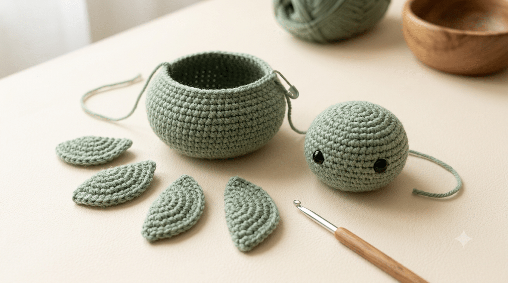 Crocheted sea turtle body, head and flippers during amigurumi assembly