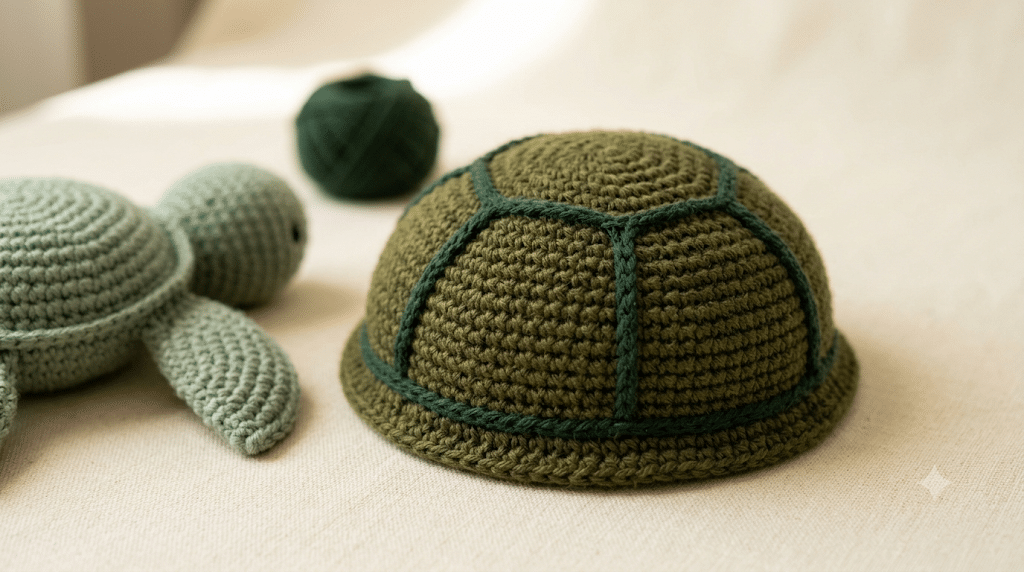 Close-up of textured crochet sea turtle shell made with green yarn