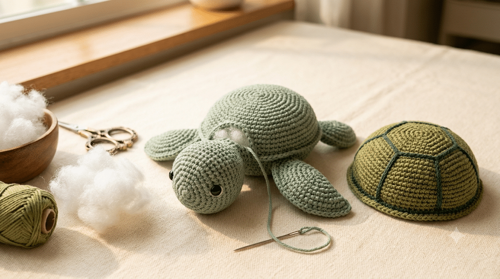Crochet sea turtle amigurumi during stuffing and shell assembly