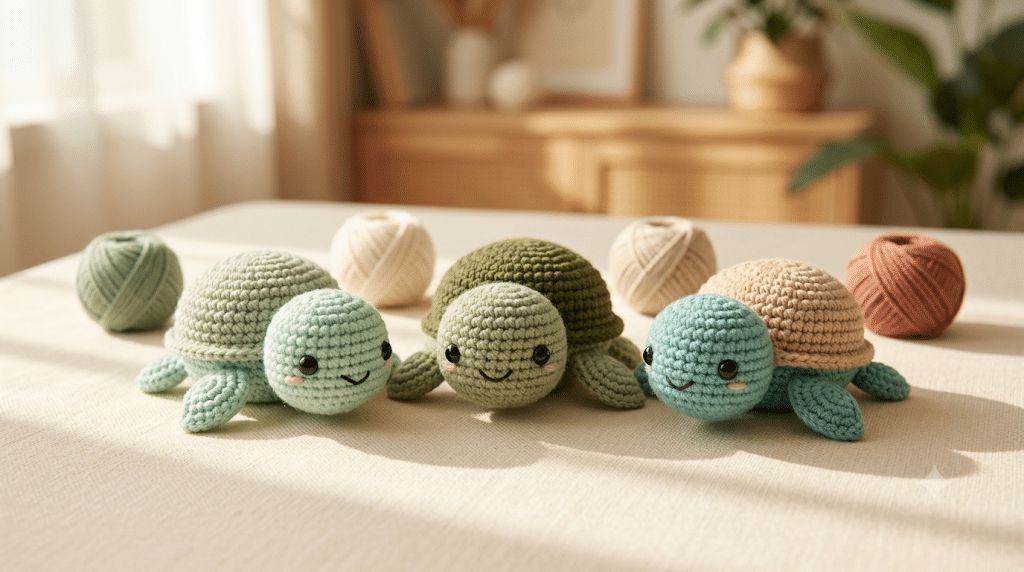 Three colorful handmade crochet sea turtle amigurumi in green and turquoise
