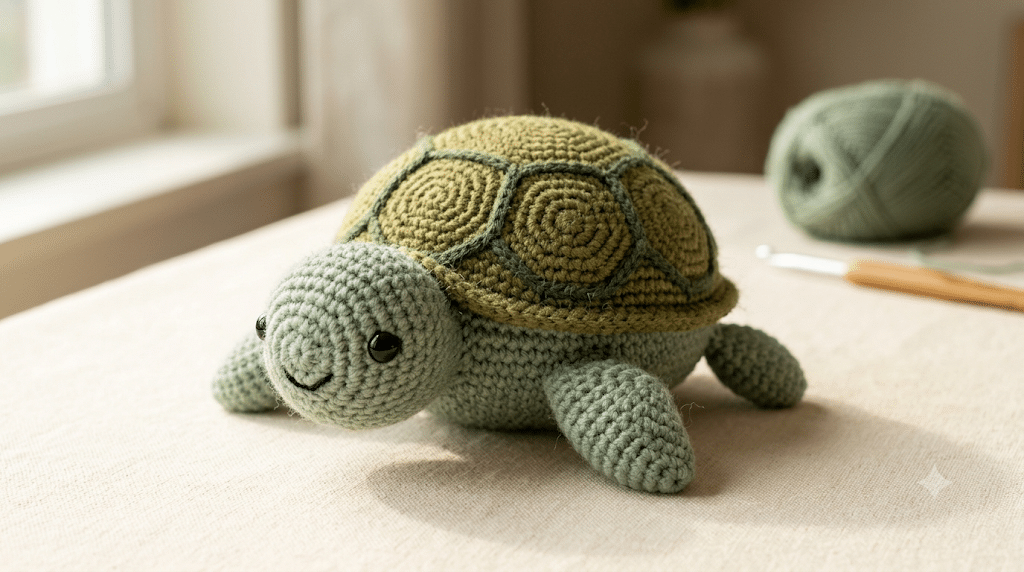 Finished crochet sea turtle amigurumi with rounded body and textured shell