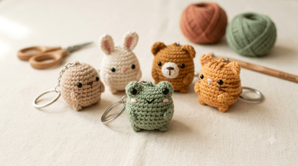 Mini crochet animal keychains made as quick handmade gifts