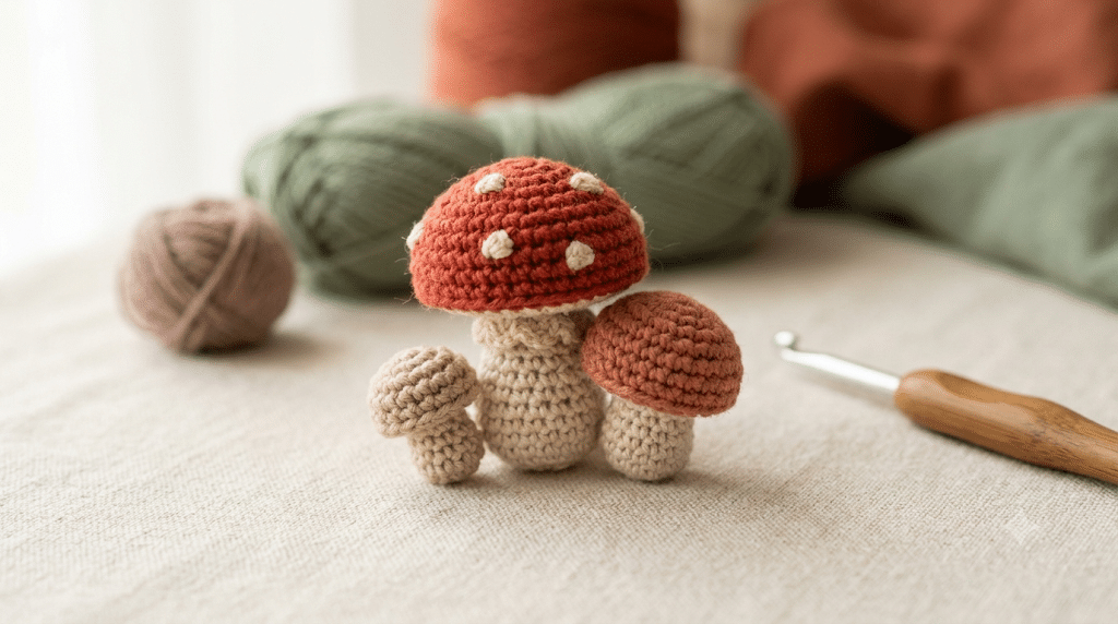 Tiny crochet mushroom gifts with realistic handmade yarn texture