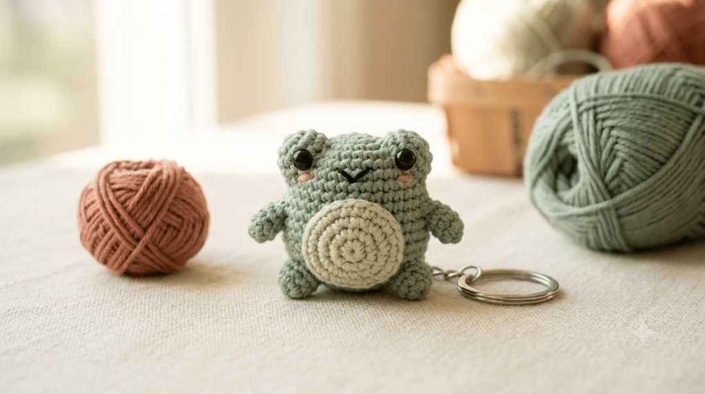 Cute mini crochet frog made as a quick handmade gift