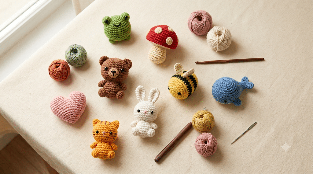 Collection of quick crochet gifts including tiny animals, hearts and mushrooms
