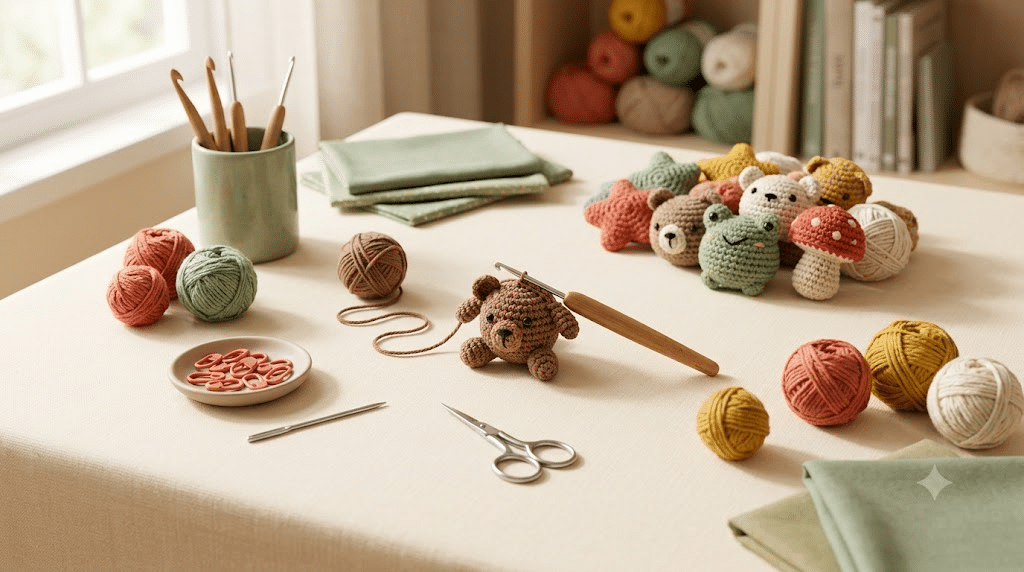 Cozy crochet workspace prepared for making quick handmade gifts