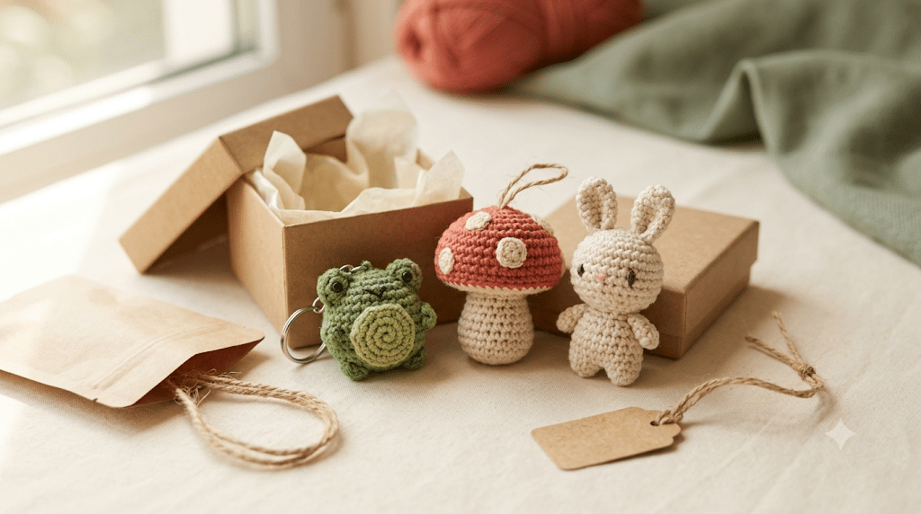 Beautifully packaged mini crochet gifts ready for giving