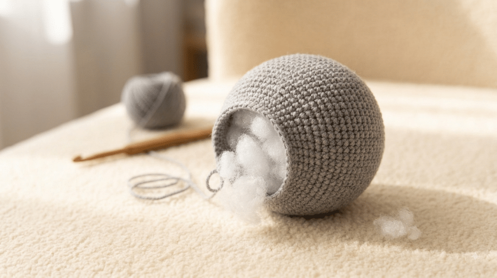 Gray crochet hippo body being filled with soft fiberfill for a chubby shape