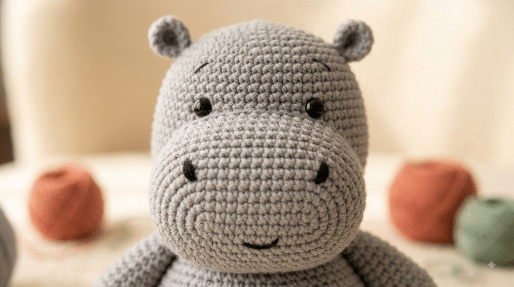 Close-up of crochet hippo face with black safety eyes, wide muzzle and embroidered nostrils