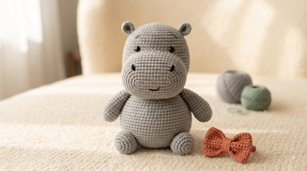 Finished chubby gray crochet hippo amigurumi with tiny legs and cute face