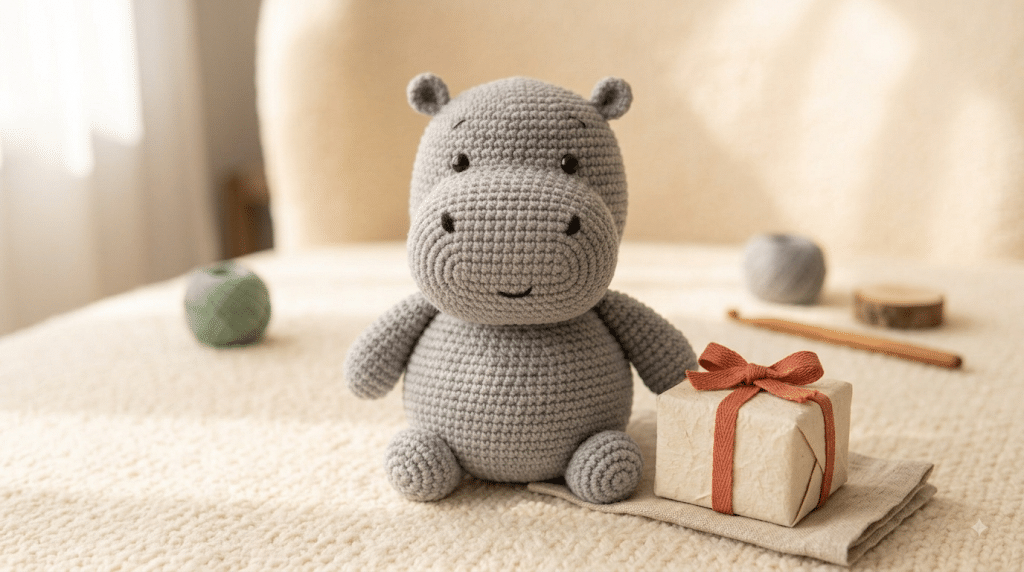 Handmade gray crochet hippo sitting beside a wrapped gift on a cream background