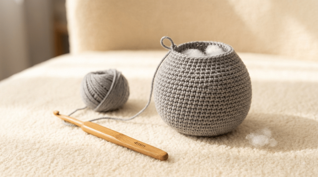 Partially crocheted round gray hippo body for beginner amigurumi