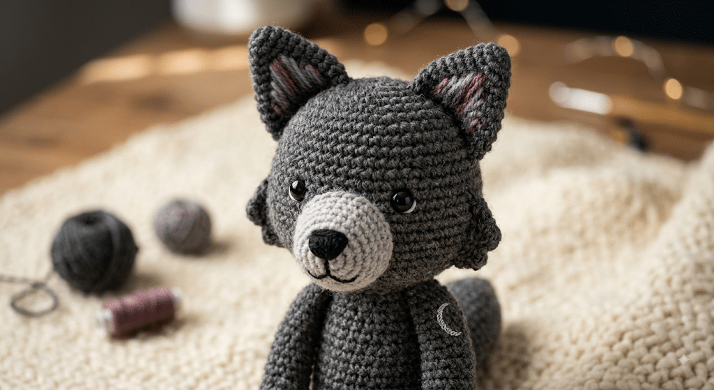 Close-up of handmade crochet wolf amigurumi face with pointed ears