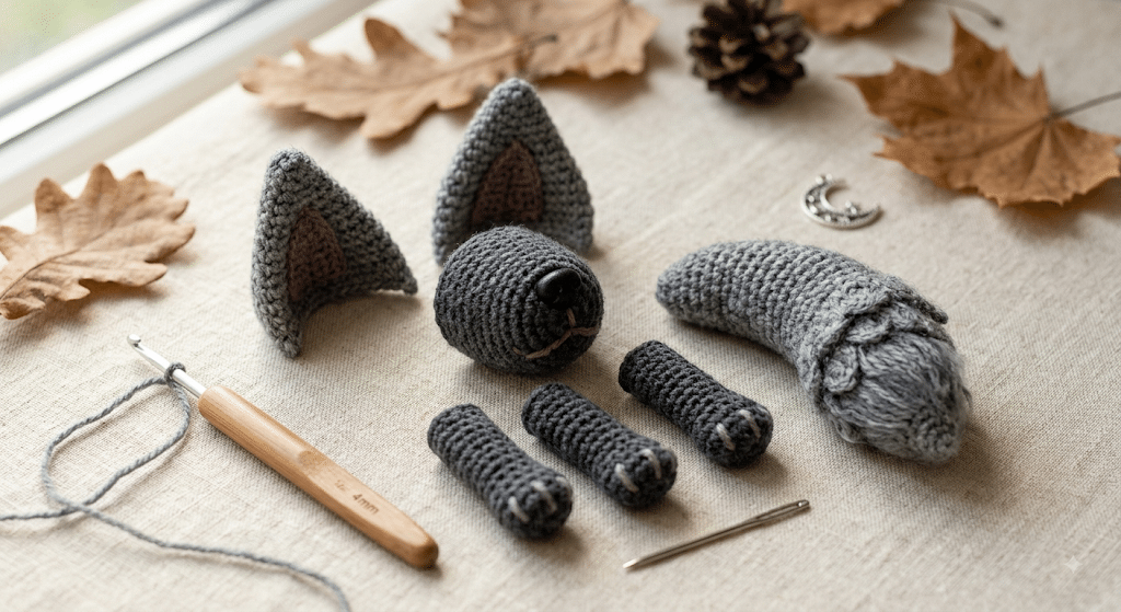 Handmade crochet wolf ears and fluffy tail details in gray yarn
