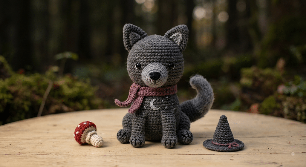 Witchy fantasy crochet wolf amigurumi with moon and scarf details
