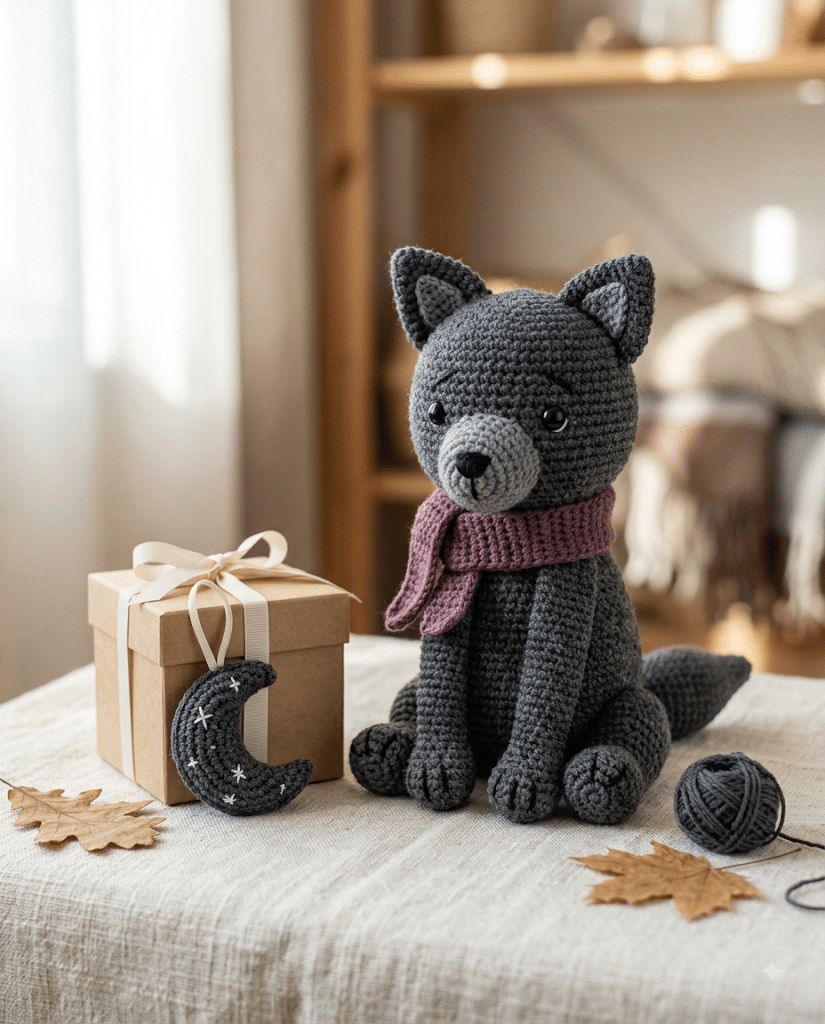 Finished handmade crochet wolf amigurumi ready for gifting