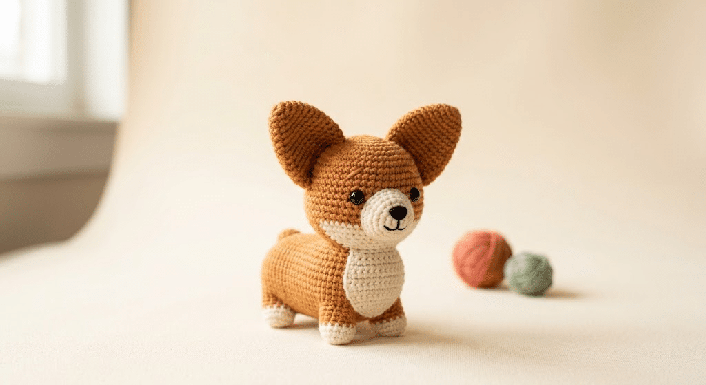 Crochet corgi amigurumi pattern with caramel and cream yarn