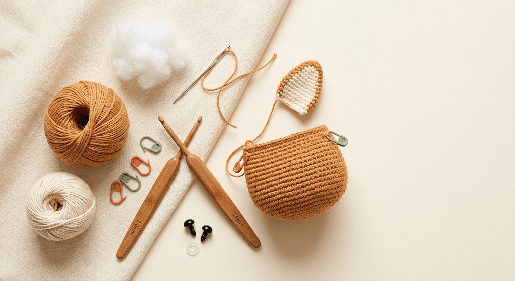 Crochet corgi pattern materials with yarn hook safety eyes and stuffing