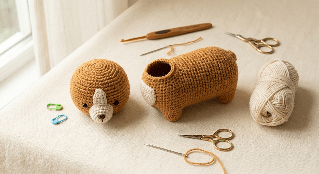 Crochet corgi head and body pieces with detailed amigurumi stitches