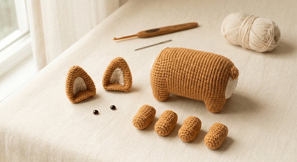 Crochet corgi ears and short legs ready for amigurumi assembly