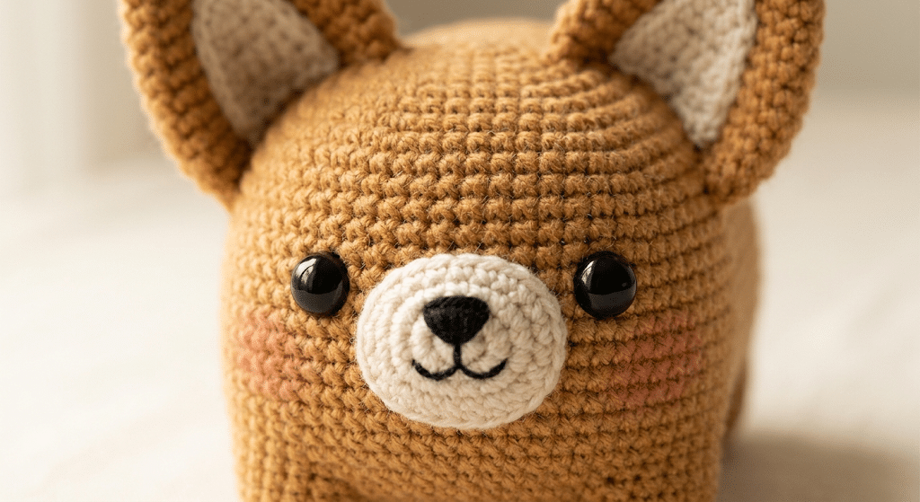 Crochet corgi amigurumi face with safety eyes cream muzzle and embroidered nose