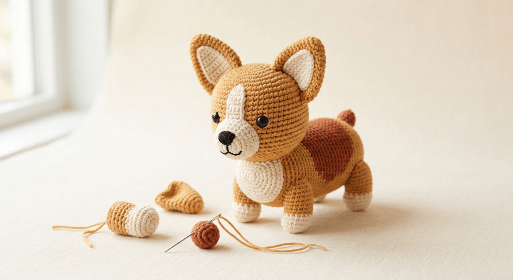 Crochet corgi amigurumi pieces being assembled with ears and legs