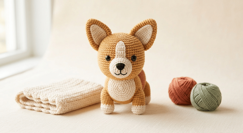 Finished crochet corgi amigurumi with caramel and cream yarn