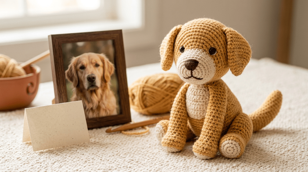 Handmade crochet Golden Retriever pet portrait gift with golden yarn