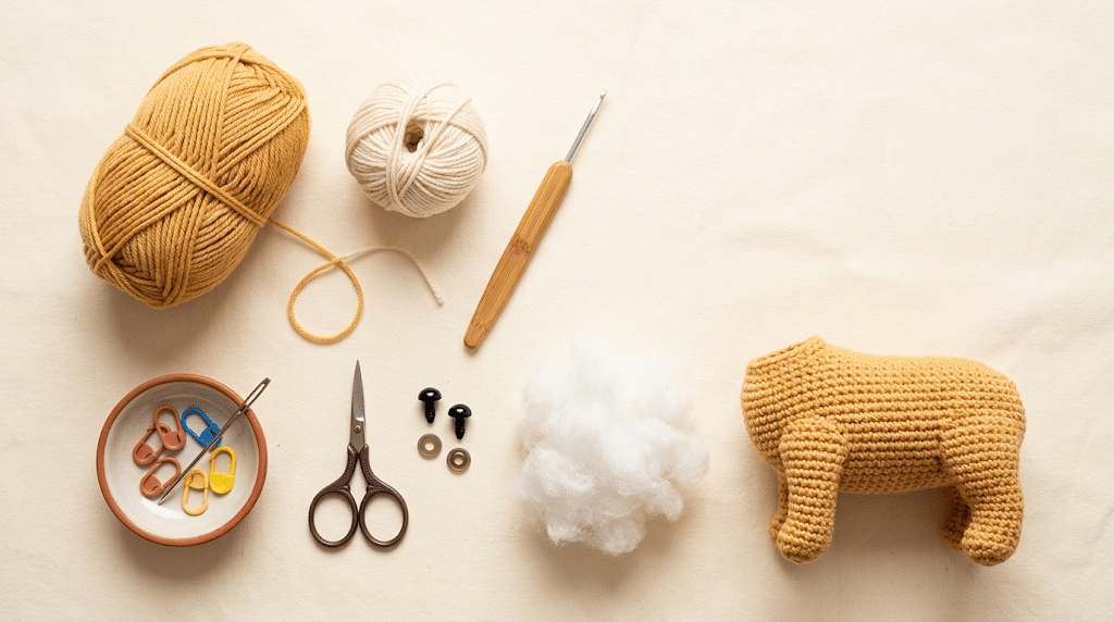 Crochet Golden Retriever amigurumi materials and golden yarn supplies