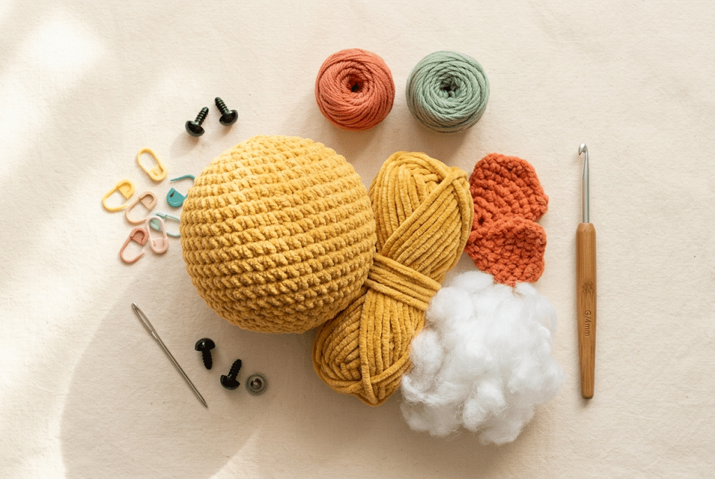 Materials and yarn for making a crochet duck amigurumi