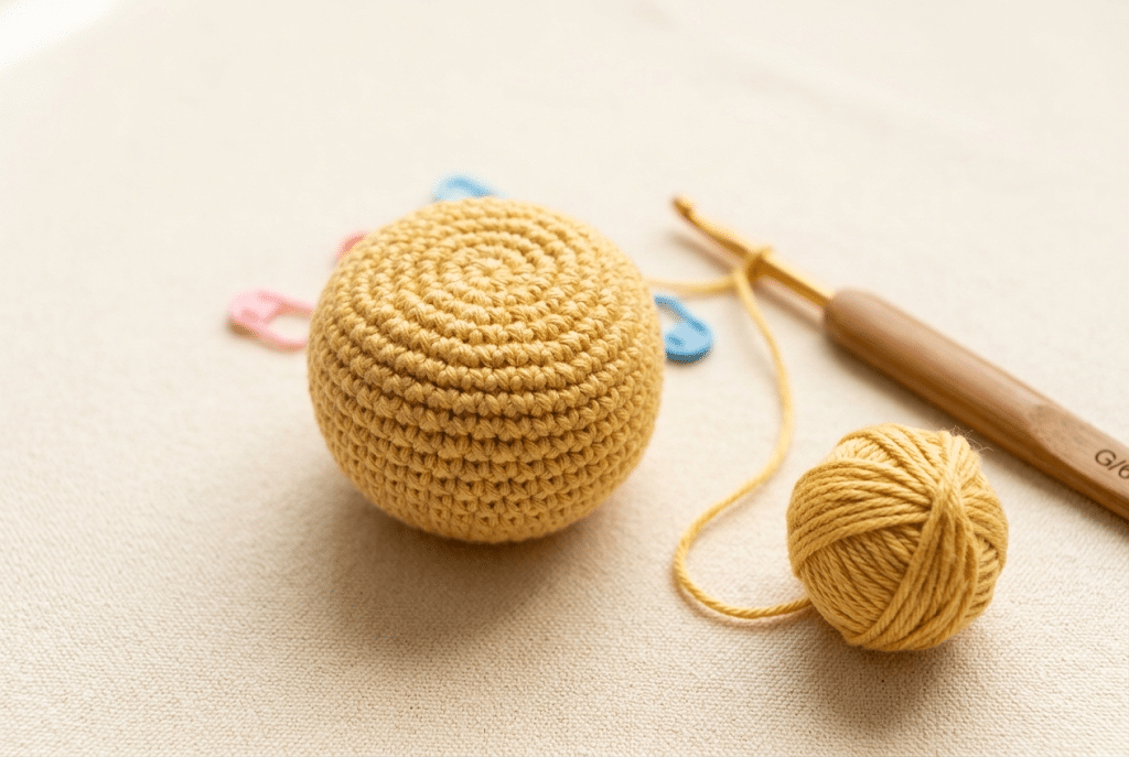 Beginning the yellow crochet duck amigurumi body