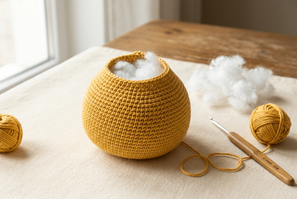 Stuffing the rounded body of a crochet duck amigurumi