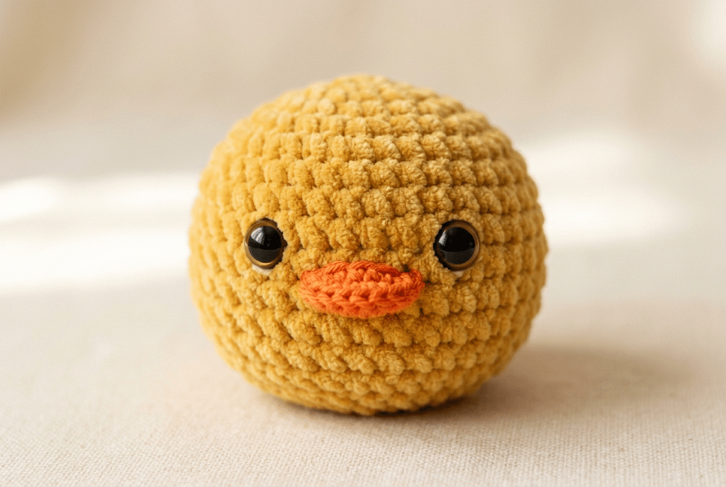 Cute crochet duck face with safety eyes and orange beak
