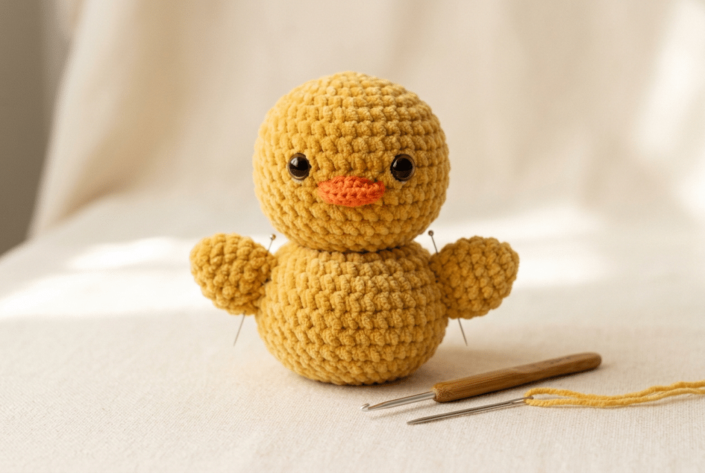 Attaching small crochet wings to a yellow amigurumi duck