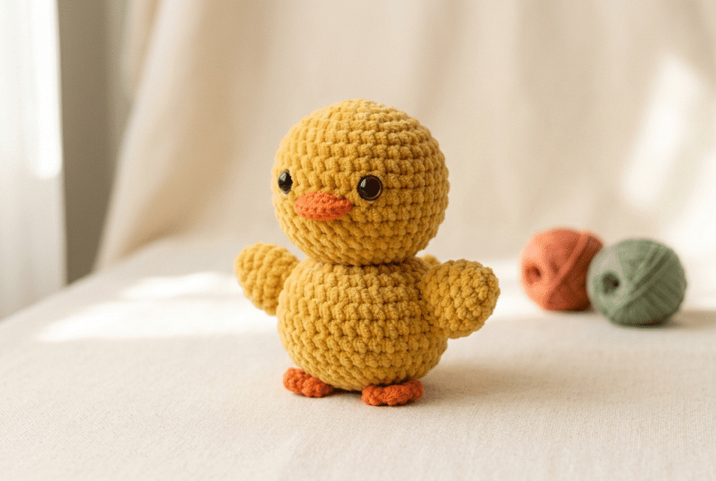 Finished yellow crochet duck amigurumi with cute kawaii details