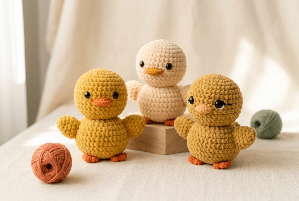 Three adorable handmade crochet ducks in different colors