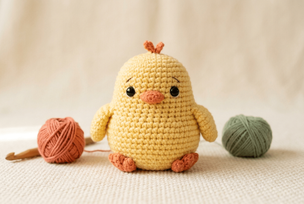 Cute yellow crochet chick amigurumi on a cream background